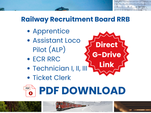 Vacancy Railway Recruitment Board Exam RRB Apprentice, Assistant Loco Pilot (ALP), ECR RRC, Technician I, II, III, Ticket Clerk Book Notes PDF Download All Subjects Books Google Drive Direct Download Link (Hindi and English Medium)